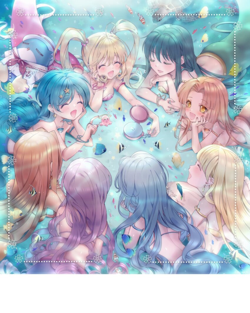 +1_(yakusoku0722), 6+girls, armlet, back, bikini, bikini_top_only, blonde_hair, blue_hair