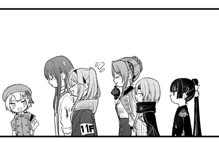 6+girls, black_hair, blunt_bangs, candy, epaulettes, food, hanamura_shiki, hat