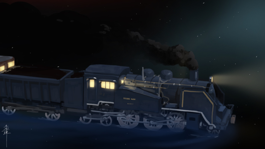 commentary_request, flatcar, headlight_beam, highres, locomotive, no_humans, one-hour_drawing_challenge, original