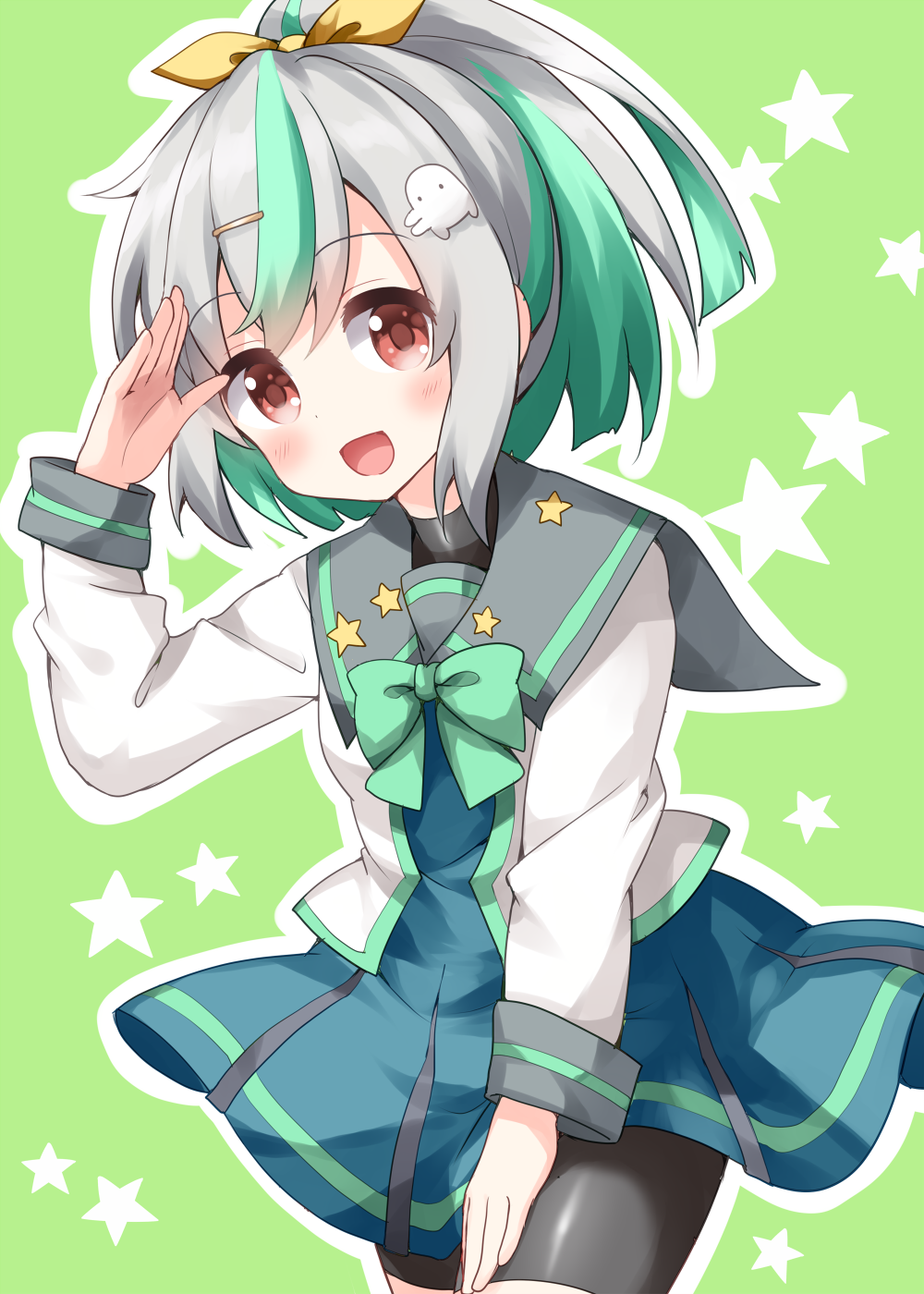 1girl, :d, bafuko_(vtuber), bike_shorts, bike_shorts_under_skirt, blue_skirt, blush, bow