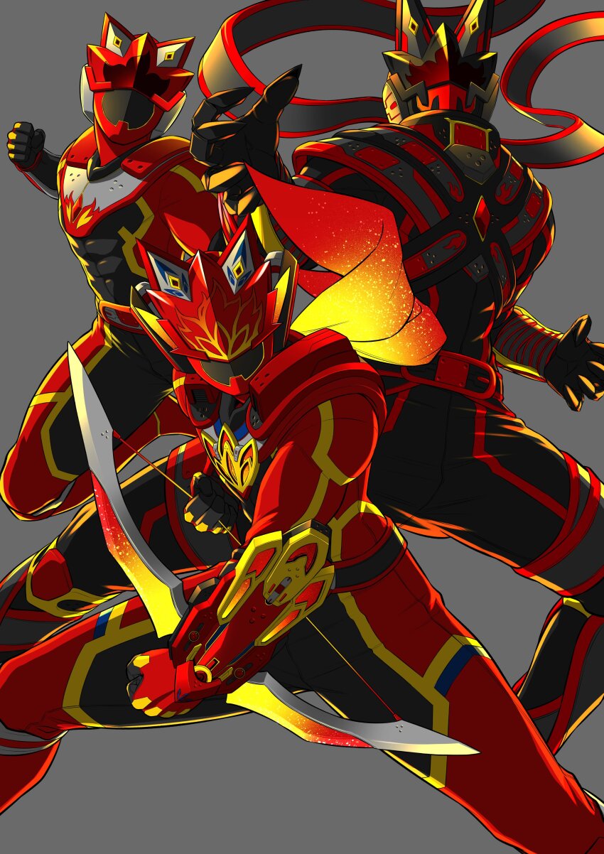 3boys, absurdres, armor, asagaki_togo, black_armor, black_bodysuit, black_helmet, bodysuit, bow_(weapon), grey_background, helmet, highres, kizuna_black, kizuna_red, kizuna_red_burning_blood, multiple_boys, nakayoshi_koyoshi, official_art, power_armor, red_armor, red_bodysuit, red_helmet, sentai_red_isekai_de_boukensha_ni_naru, simple_background, weapon