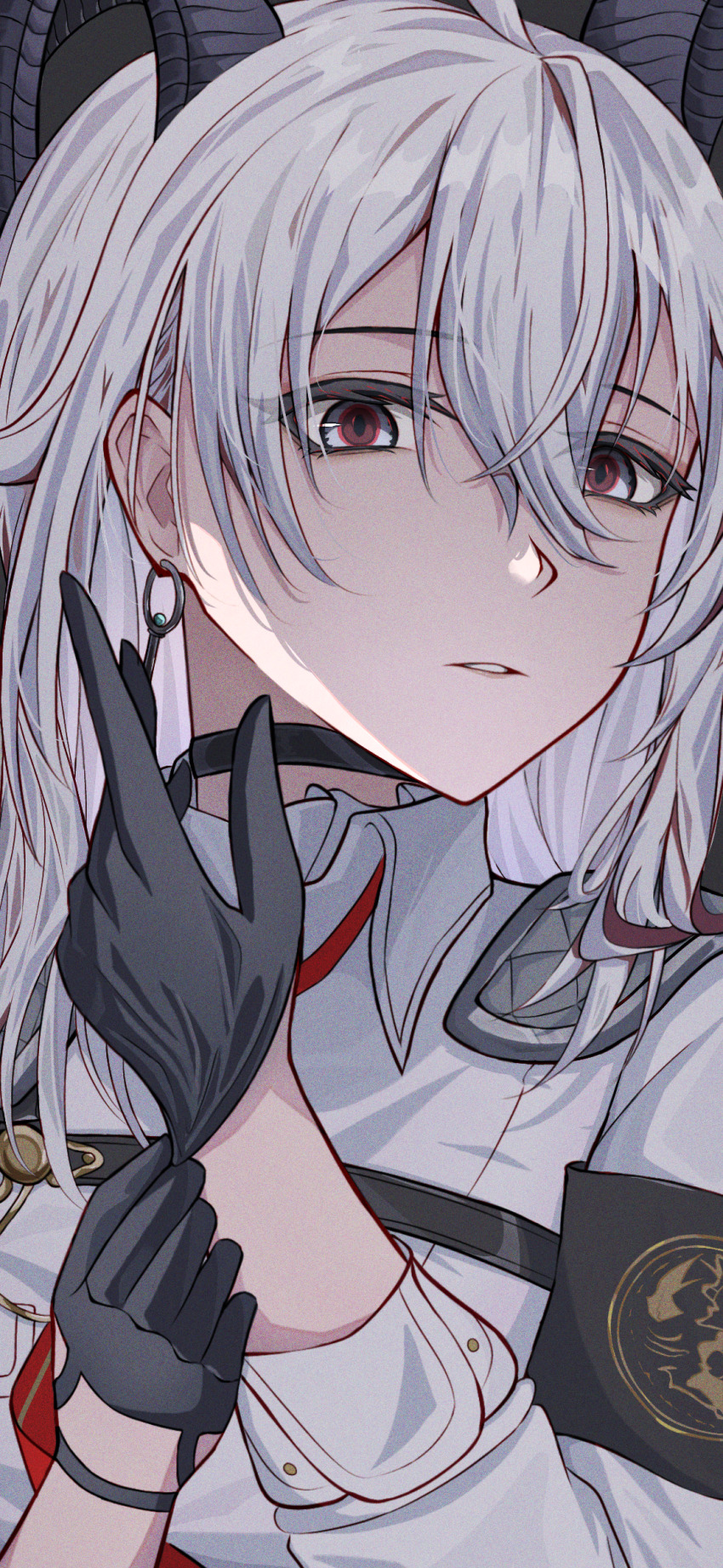 1girl, absurdres, adjusting_clothes, adjusting_gloves, armband, black_armband, black_choker, black_gloves