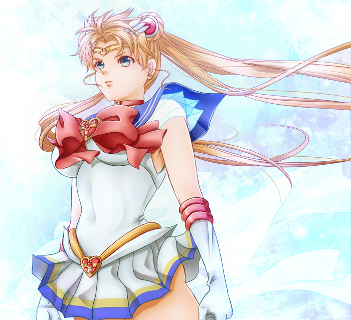 1990s_(style), 1girl, an_mochigusa, bad_id, bad_pixiv_id, bishoujo_senshi_sailor_moon, bishoujo_senshi_sailor_moon_s, bishoujo_senshi_sailor_moon_supers, blonde_hair, blue_eyes, blue_sailor_collar, bow, brooch, choker, double_bun, earrings, elbow_gloves, female_focus, gloves, hair_bun, heart, heart_brooch, jewelry, long_hair, magical_girl, multicolored_skirt, red_bow, retro_artstyle, sailor_collar, sailor_moon, skirt, solo, super_sailor_moon, tiara, tsukino_usagi, twintails, white_gloves