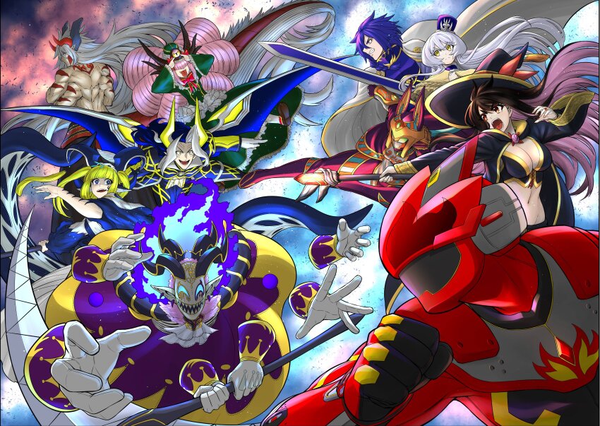 4boys, 5girls, absurdres, amen_(isekai_red), armor, battle, black_coat, black_hat