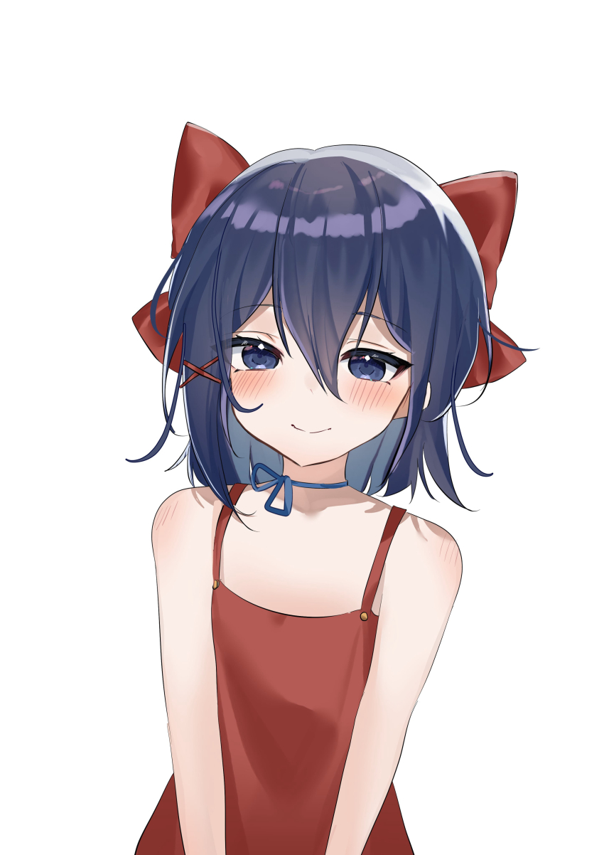 1girl, absurdres, bare_arms, bare_shoulders, blue_eyes, blue_hair, blush, bow, closed_mouth, commentary_request, hair_between_eyes, hair_bow, hair_ornament, highres, looking_at_viewer, miside, mita_(miside), red_bow, red_shirt, shirt, short_hair, simple_background, smile, solo, tiny_mita_(miside), upper_body, white_background, x_hair_ornament, yumelixt