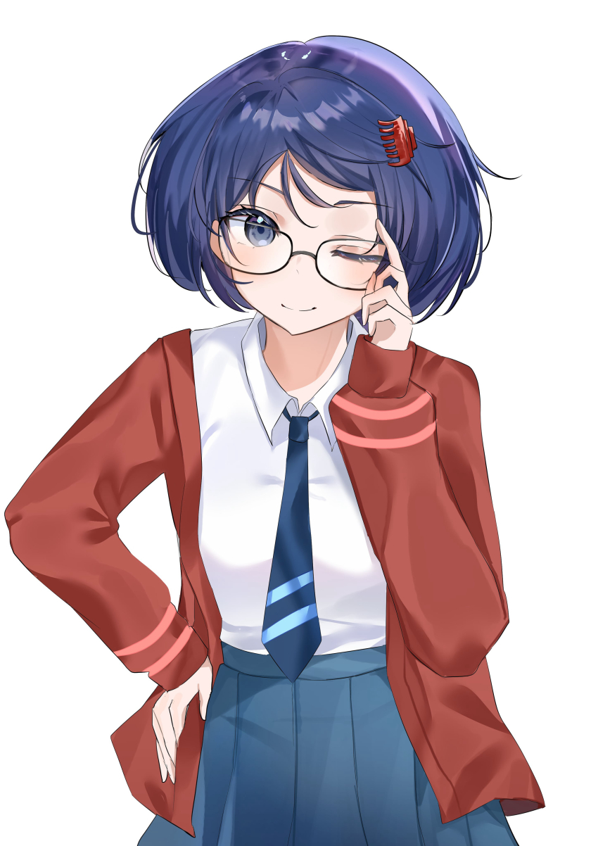 1girl, absurdres, black-framed_eyewear, blue_eyes, blue_hair, blue_necktie, blue_skirt, cardigan