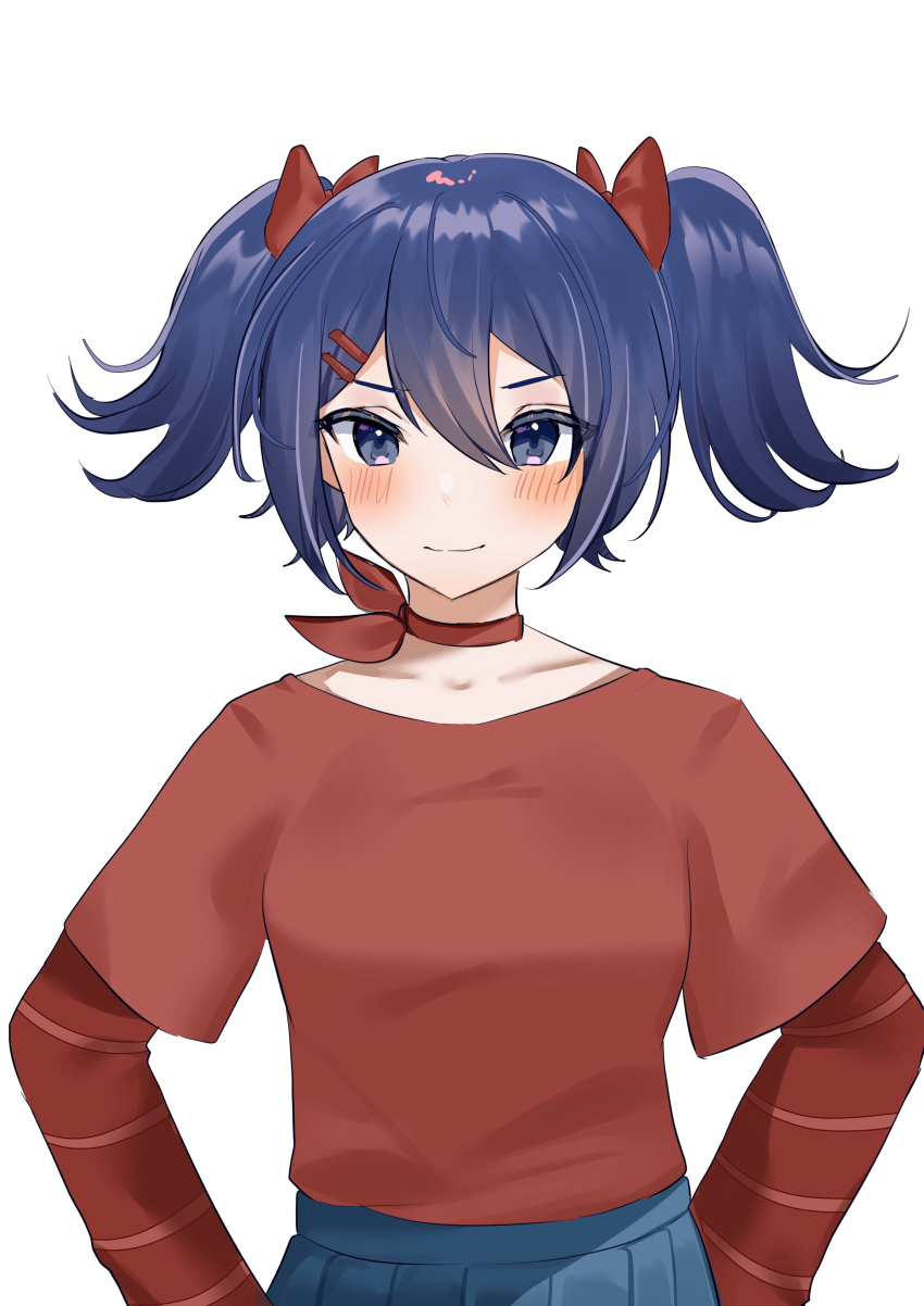 1girl, 2d_mita_(miside), absurdres, blue_eyes, blue_hair, blue_skirt, blush, choker