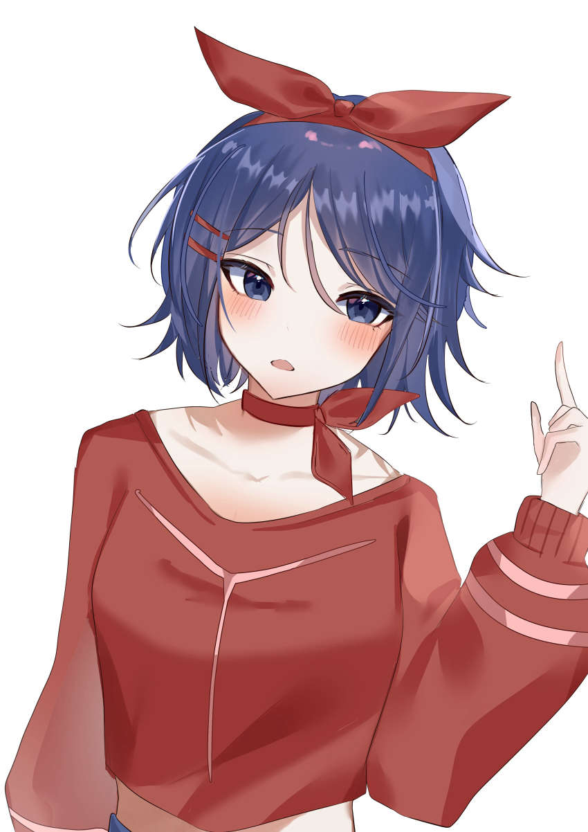 1girl, absurdres, blue_eyes, blue_hair, blush, choker, commentary_request, cropped_shirt