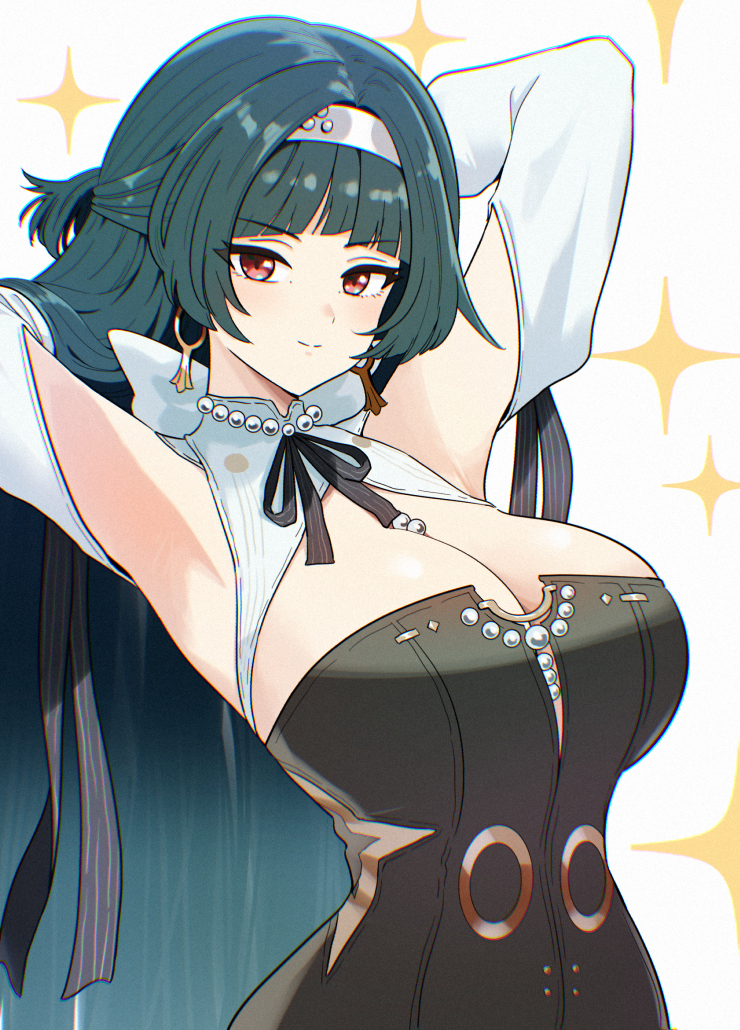 1girl, armpits, arms_up, astra_yao, astra_yao_(chandelier), bead_necklace, beads, black_hair, breasts, cleavage, closed_mouth, earrings, hairband, jewelry, kiyokezo, large_breasts, long_hair, looking_at_viewer, neck_ribbon, necklace, red_eyes, ribbon, smile, solo, sparkle, upper_body, very_long_hair, white_hairband, white_sleeves, zenless_zone_zero