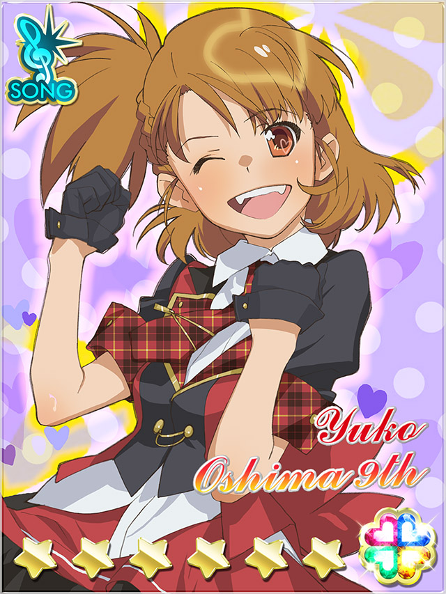 1girl, ;d, akb0048, black_gloves, braid, brown_eyes, brown_hair, card_(medium)