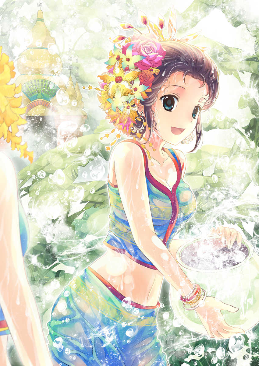1girl, blue_eyes, blue_skirt, blue_vest, bracelet, breasts, brown_hair, china_comic, cleavage, collarbone, dai_clothes, earrings, flower, hair_flower, hair_ornament, highres, holding_vase, hoop_earrings, jewelry, midriff, multicolored_shirt, multicolored_skirt, navel, original, riyun_(halodark), skirt, sleeveless, solo, upper_body, vest, yellow_flower