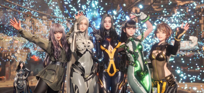 3d, 6+girls, absurdres, android, black_bodysuit, black_hair, black_pants, blue_eyes