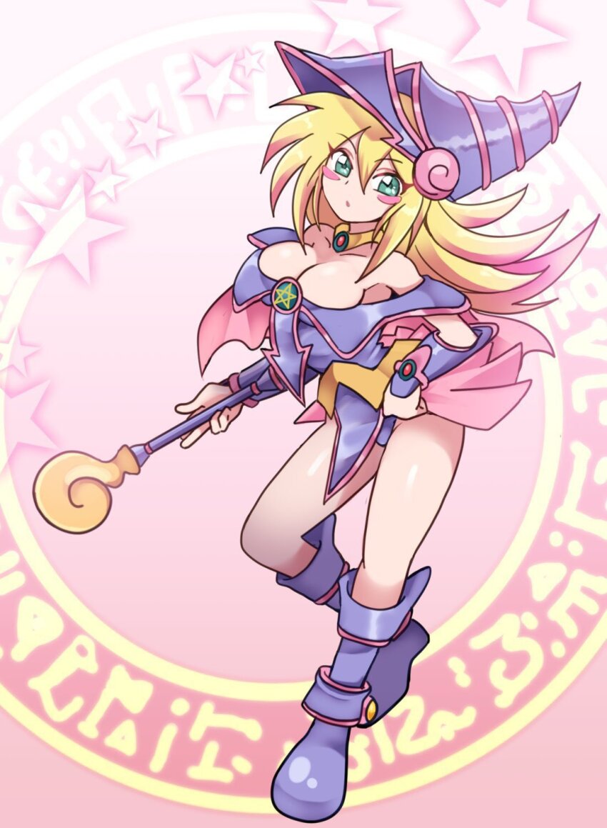 1girl, blonde_hair, blue_leotard, boots, breasts, cleavage, collar, contrapposto, dark_magician_girl, duel_monster, full_body, green_eyes, highres, holding, holding_wand, large_breasts, leotard, off-shoulder_leotard, okirune_(yappa_neruwa), pentagram, solo, standing, thighs, wand, yu-gi-oh!