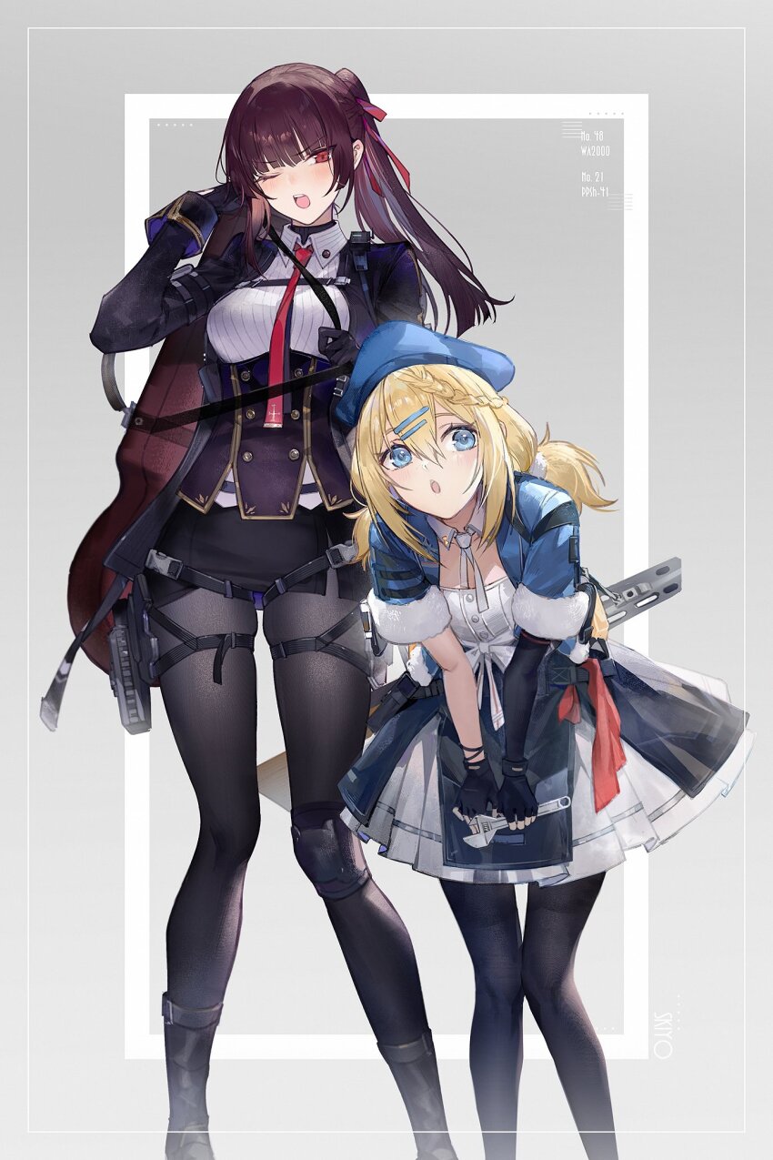 2girls, beret, black_jacket, black_pantyhose, blonde_hair, blue_eyes, blue_hat, blue_jacket