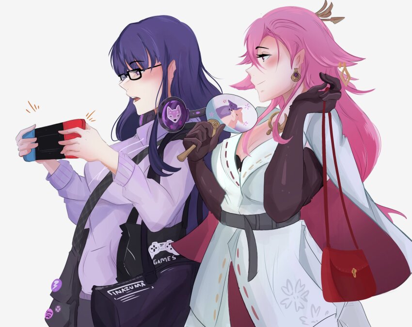 2girls, alternate_costume, animal_ears, breasts, contemporary, earrings, fox_ears, genshin_impact, glasses, gloves, handheld_game_console, headphones, highres, holding, holding_handheld_game_console, hood, hoodie, inkrred, jacket, jewelry, long_hair, long_sleeves, mole, mole_under_eye, multiple_girls, nintendo_switch, official_alternate_costume, pink_hair, purple_eyes, purple_hair, purple_hoodie, raiden_shogun, raiden_shogun_(2nd_anniversary), simple_background, white_background, white_jacket, yae_miko, yae_miko_(2nd_anniversary), yuri