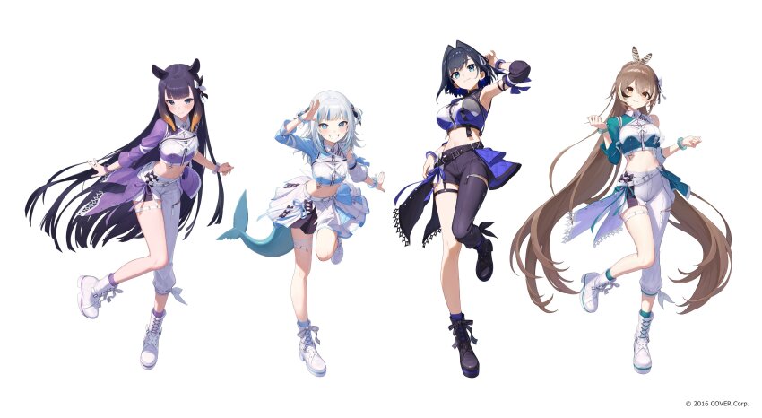 4girls, absurdres, ahoge, asymmetrical_clothes, black_footwear, black_hair, black_pants, black_roots