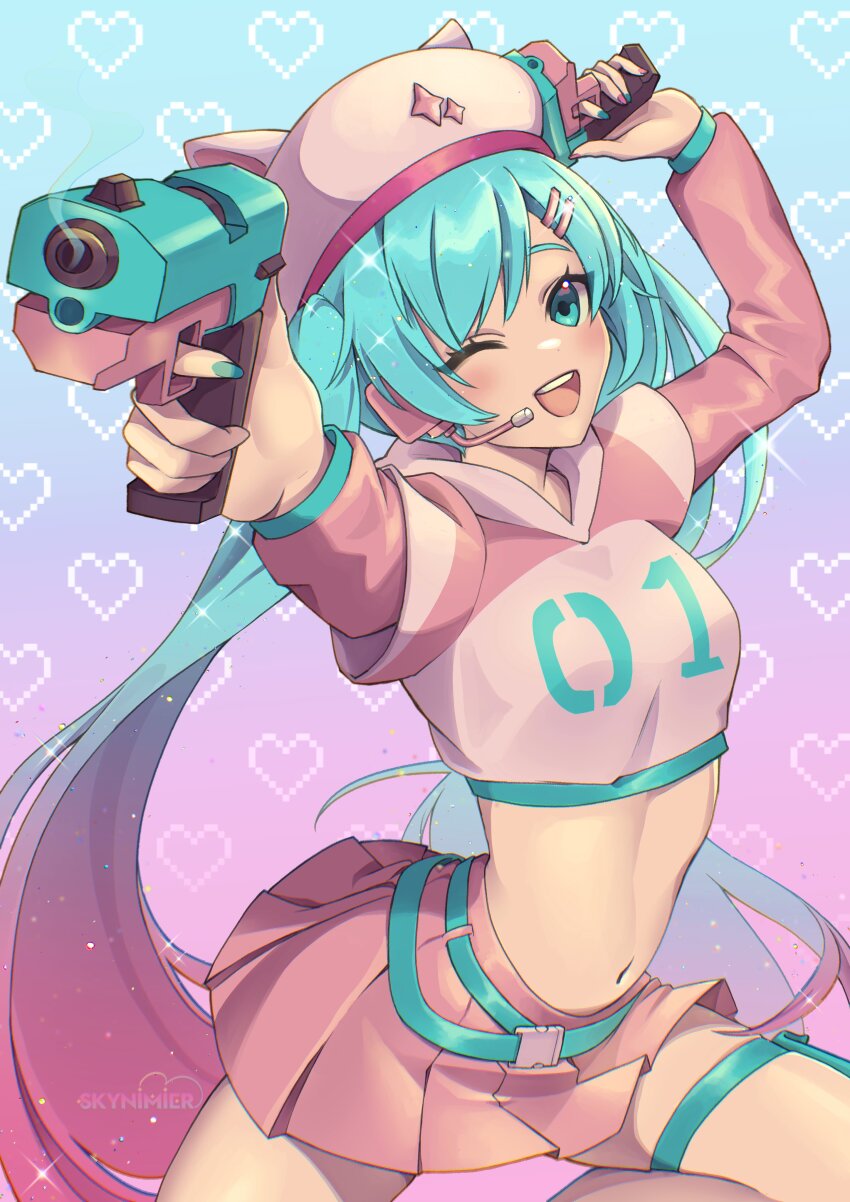 absurdres, beret, fortnite, green_eyes, green_hair, gun, hair_ornament, hairpin, handgun, hat, hatsune_miku, heart, highres, hood, hoodie, microphone, miniskirt, nail_polish, navel, neko_hatsune_miku, one_eye_closed, pink_hair, pink_hoodie, pink_skirt, skirt, skynimier, twintails, vocaloid, weapon
