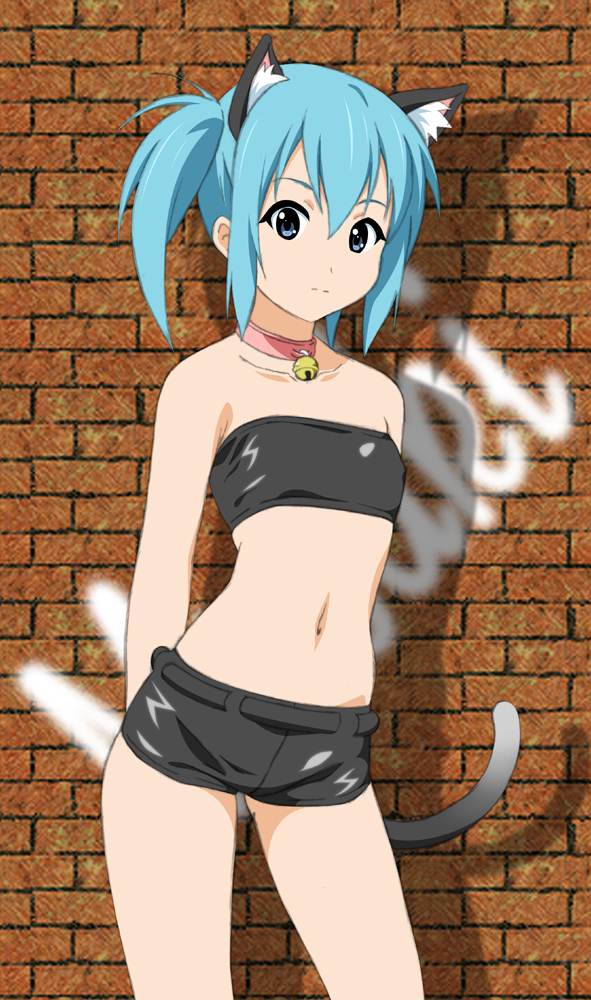 1girl, animal_ears, bare_shoulders, bell, neck_bell, blue_eyes, blue_hair, cat_ears, cat_girl, cat_tail, collar, female_focus, flat_chest, fukuoka_katsumi, jingle_bell, long_hair, matching_hair/eyes, midriff, misaki_(fukuoka_katsumi), navel, original, short_shorts, shorts, solo, strapless, tail, tube_top