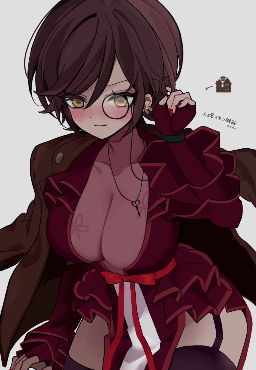 1girl, 9_wapuwapu, blush, breasts, brown_eyes, brown_hair, cleavage, closed_mouth, dress, fingerless_gloves, gameplay_mechanics, gloves, hand_up, highres, la_manchaland_(identity)_(project_moon), large_breasts, limbus_company, monocle, open_door, outis_(project_moon), project_moon, red_dress, red_gloves, red_nails, simple_background, smile, solo, sweat, translation_request, white_background, wuthering_heights_(identity)_(project_moon)