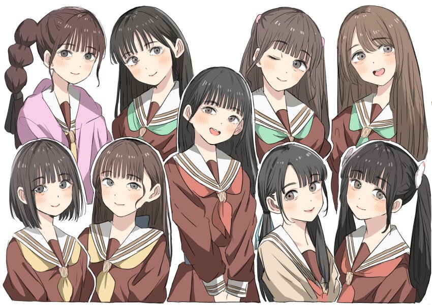 6+girls, :d, aegyo_sal, animification, bien_(djpwjd1), black_bow, black_hair, blunt_bangs