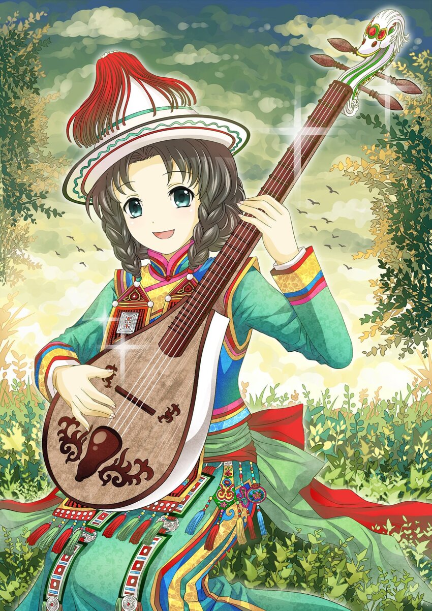 1girl, aqua_eyes, belt_pouch, bird, braid, braided_sidelock, button_knot, china_comic