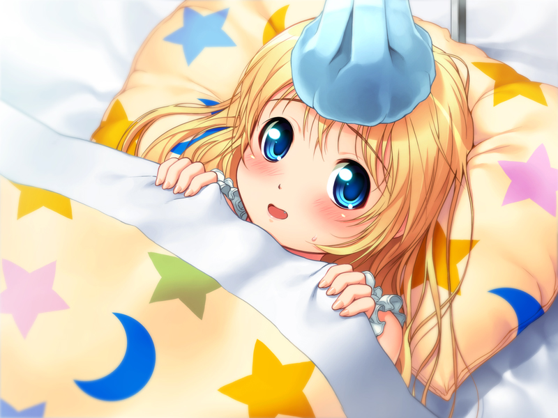 1girl, bed, blanket, blonde_hair, blue_eyes, blush, crescent, fang