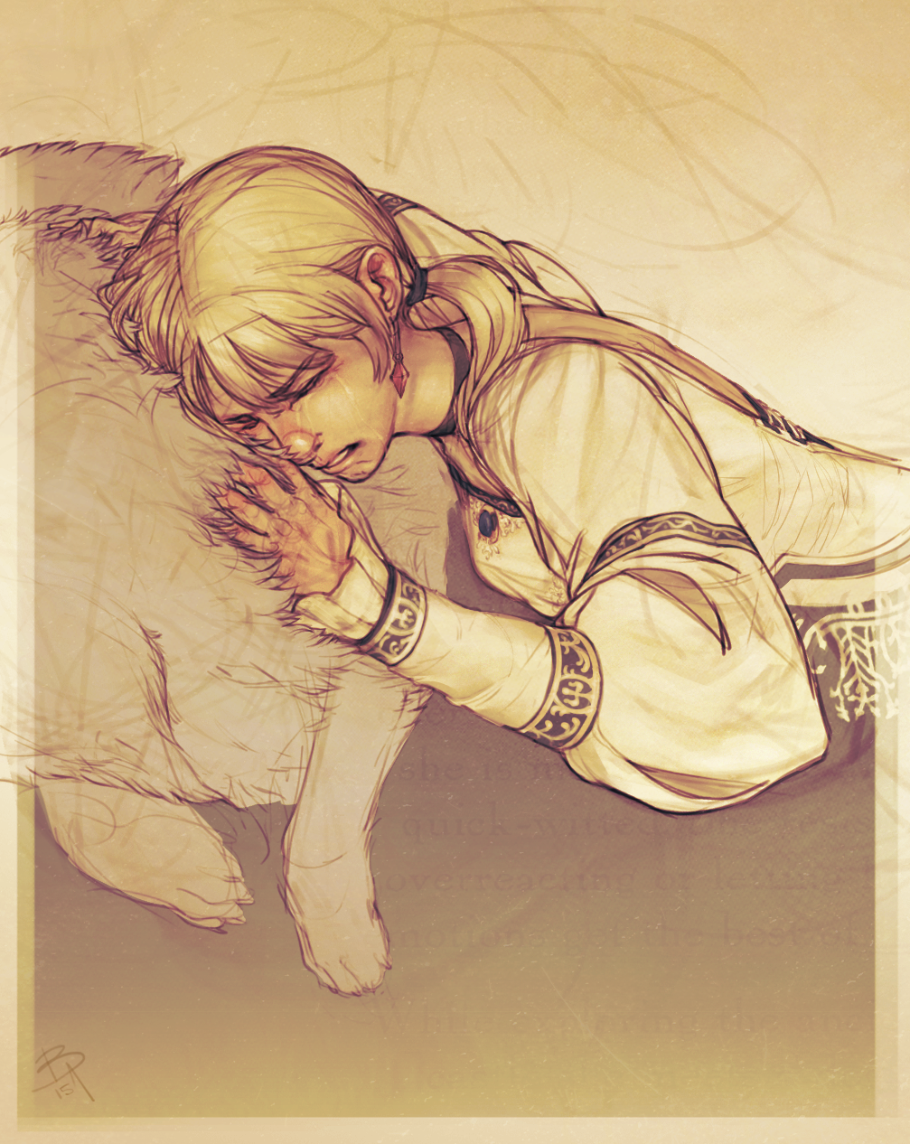 1boy, 1girl, baelgrave-art, blonde_hair, claws, closed_eyes, commentary, crying, demento, dog, earrings, english_commentary, fiona_belli, hair_tie, hand_on_another's_head, head_on_chest, highres, jewelry, ponytail, shirt, signature, streaming_tears, tears, white_fur, white_shirt