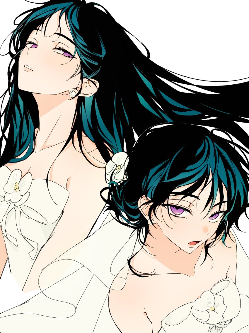 1girl, alien_stage, alternate_hairstyle, bare_shoulders, black_hair, bow, bridal_veil, bride