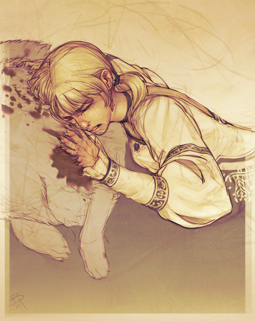 1boy, 1girl, bad_link, bad_tumblr_link, baelgrave-art, blonde_hair, blood, blood_on_body, claws, closed_eyes, commentary, crying, demento, dog, earrings, english_commentary, fiona_belli, hair_tie, hand_on_another's_head, head_on_chest, highres, jewelry, ponytail, shirt, signature, streaming_tears, tears, white_fur, white_shirt