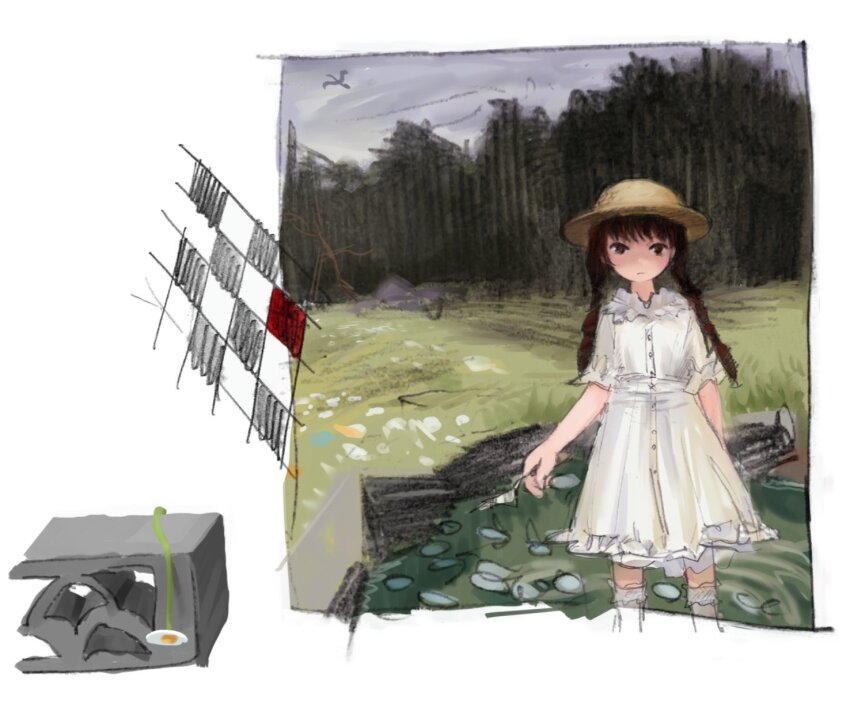 1girl, bad_id, bad_twitter_id, braid, brown_eyes, brown_hair, closed_mouth, cropped_legs