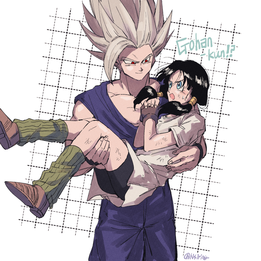 1boy, 1girl, :o, bike_shorts, black_hair, black_shorts, blue_eyes, blush