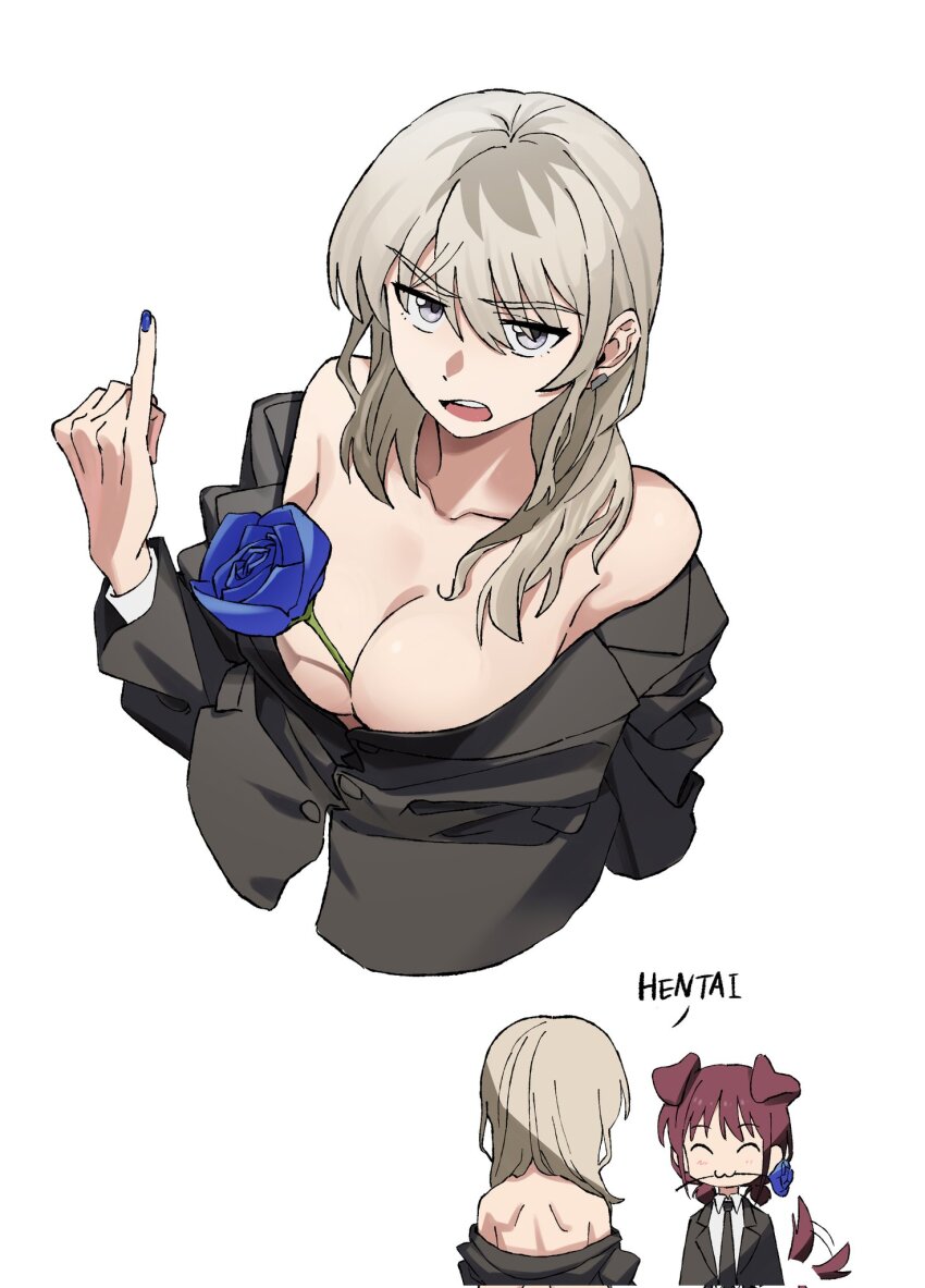 2girls, :3, ^_^, animal_ears, between_breasts, black_jacket, black_necktie, blue_nails, breasts, brown_hair, cleavage, closed_eyes, collarbone, commentary, corrupted_twitter_file, dog_ears, dog_girl, dog_tail, earclip, english_commentary, female_pervert, gganchan, girls_band_cry, grey_eyes, grey_hair, hair_between_eyes, highres, iseri_nina, jacket, kawaragi_momoka, kemonomimi_mode, large_breasts, low_twintails, multicolored_hair, multiple_girls, nail_polish, necktie, open_mouth, pervert, pinky_out, roots_(hair), shirt, short_hair, short_twintails, sidelocks, simple_background, tail, teeth, twintails, upper_teeth_only, white_background, white_shirt, yuri