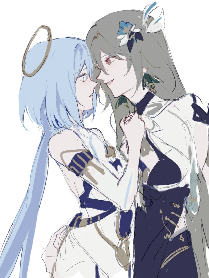 2girls, black_bodysuit, blue_eyes, blue_hair, bodysuit, commentary, dress, from_side