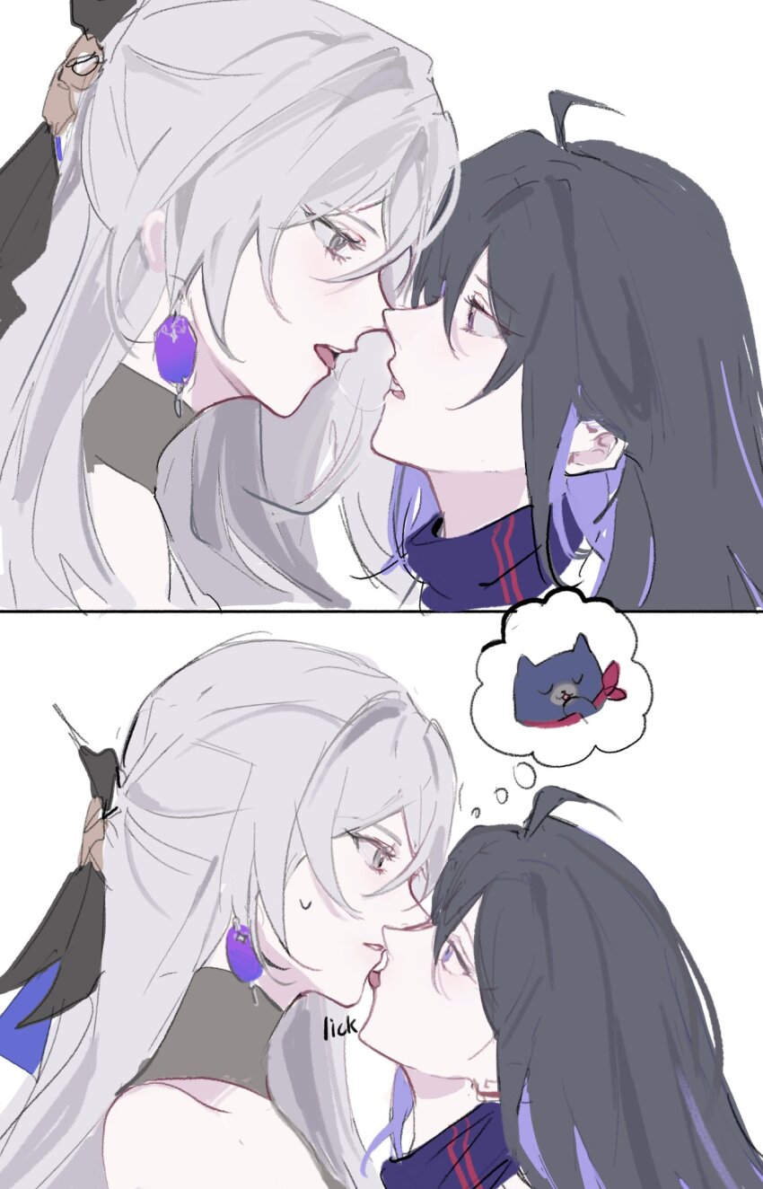 2girls, after_kiss, black_hair, bronya_rand, cat, commentary, earrings, from_side