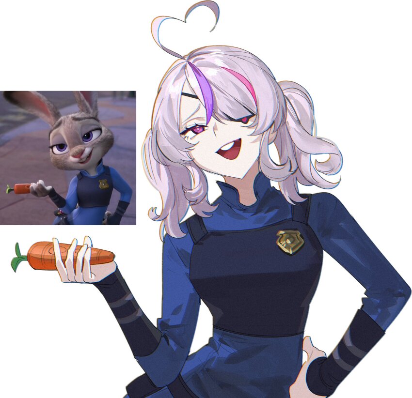 2girls, :d, ahoge, breasts, carrot, chromatic_aberration, cosplay, eyepatch