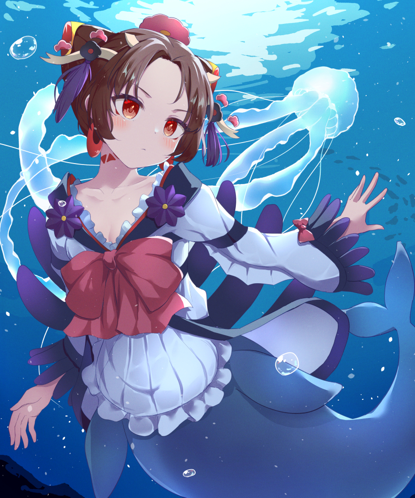 absurdres, bow, bowtie, brown_hair, bubble, clantail, dress, fins, fish_girl, fish_tail, frilled_dress, frills, hair_ornament, highres, japanese_clothes, jellyfish, light_blush, mahou_shoujo_ikusei_keikaku, mahou_shoujo_ikusei_keikaku_restart, mermaid, monster_girl, ocean, red_bow, red_bowtie, red_eyes, tail, underwater, yonkun_3