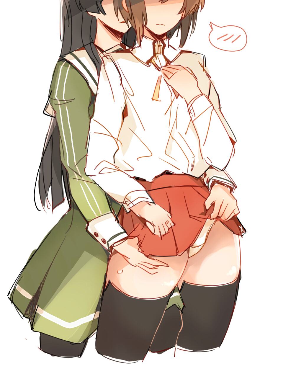 2girls, black_hair, black_pantyhose, black_thighhighs, brown_hair, closed_mouth, clothes_lift, commentary_request