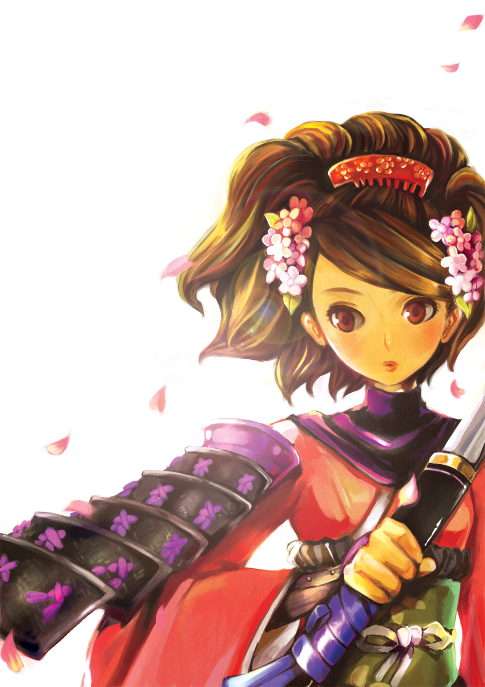 1girl, amksr417, armor, bad_id, bad_pixiv_id, black_hair, brown_eyes, brown_hair, comb, female_focus, fingerless_gloves, flower, gloves, hair_flower, hair_ornament, highres, japanese_armor, japanese_clothes, katana, lens_flare, momohime, oboro_muramasa, shoulder_armor, sode, solo, sword, weapon