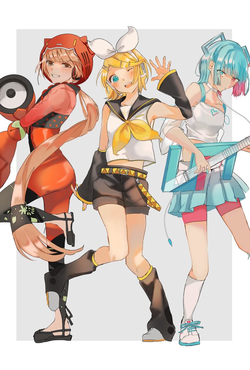 3girls, aisuu_(voisona), animal_ears, bike_shorts, bike_shorts_under_skirt, black_leg_warmers, black_sailor_collar, black_shorts