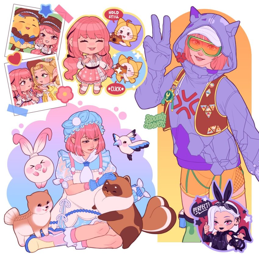 >_<, 3girls, ^_^, aderinna_(infinity_nikki), ahoge, anger_vein, animal, applying_another's_makeup