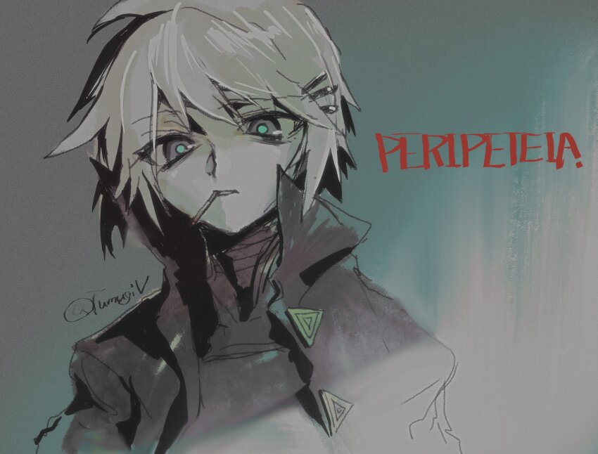 1girl, aqua_background, aqua_pupils, artist_name, bright_pupils, cigarette, coat, gradient_background