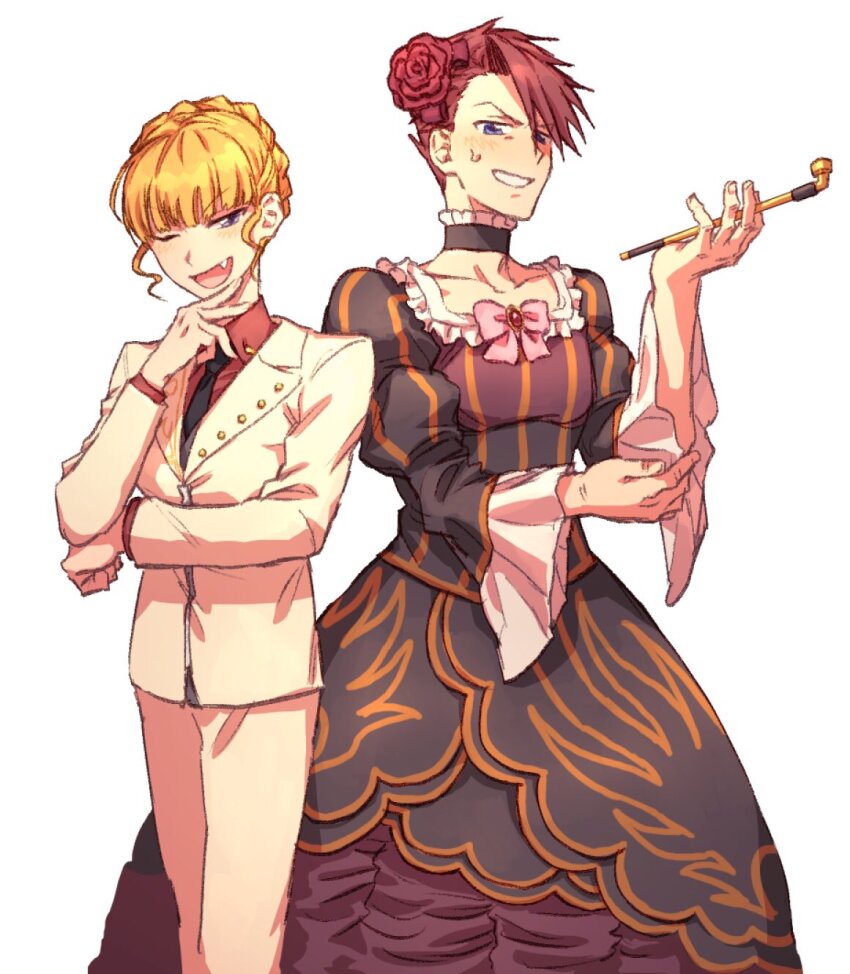 1boy, 1girl, beatrice_(umineko), beatrice_(umineko)_(cosplay), black_dress, black_necktie, blonde_hair, cosplay