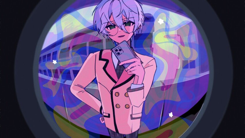 1boy, arm_up, balcony, brown_jacket, cellphone, double-parted_bangs, e_ntkntk, ensemble_stars!