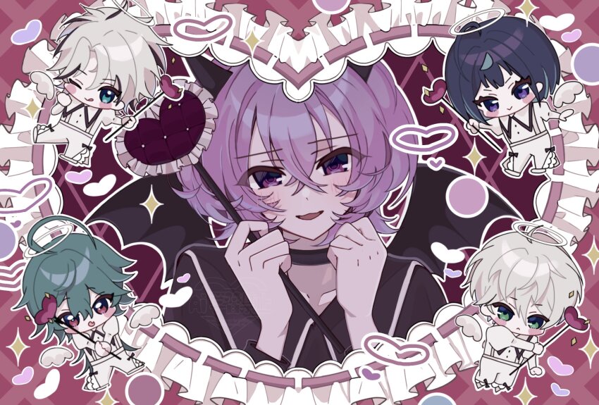 5boys, ahoge, angel_wings, black_choker, black_shirt, blue_eyes, blue_hair, chibi