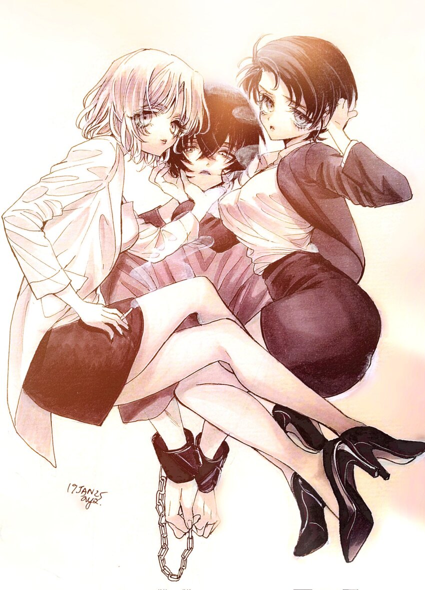 1boy, 2girls, aya_carmine, chain, cigarette, commentary_request, cuffs, expressionless