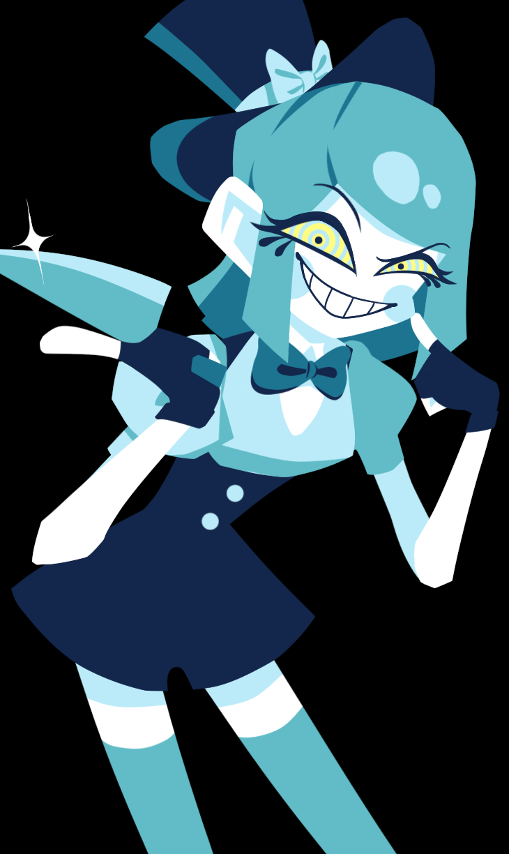 1girl, @_@, black_background, blue_bow, blue_hair, blue_hat, blue_shirt, blush_stickers