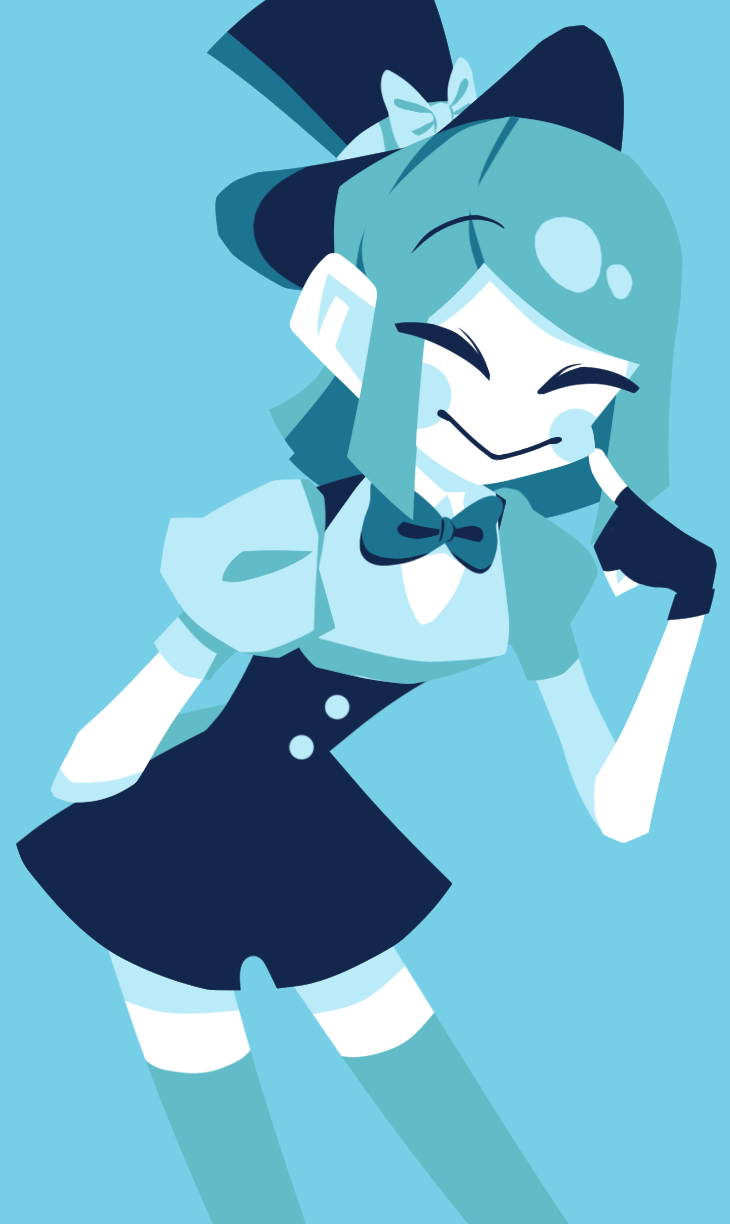 1girl, blue_background, blue_bow, blue_hair, blue_hat, blue_shirt, blush_stickers, bow