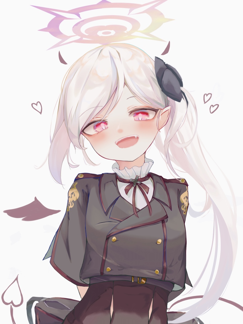 1girl, absurdres, arms_behind_back, black_flower, black_jacket, blue_archive, blush, fang