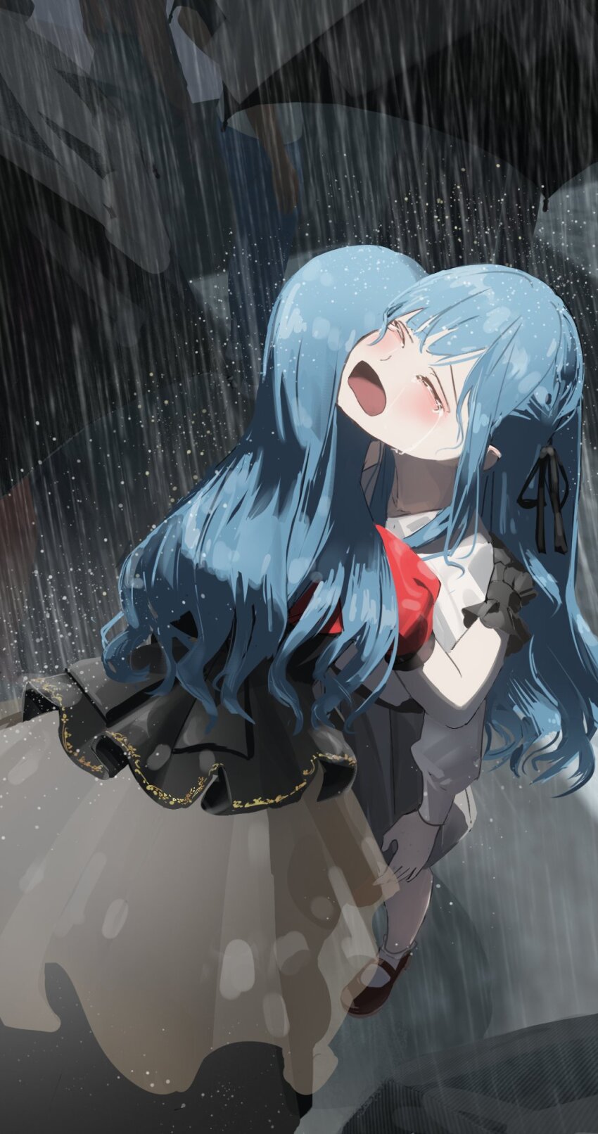 2girls, bang_dream!, bang_dream!_it's_mygo!!!!!, black_gloves, black_ribbon, black_skirt, blue_hair, chinese_commentary