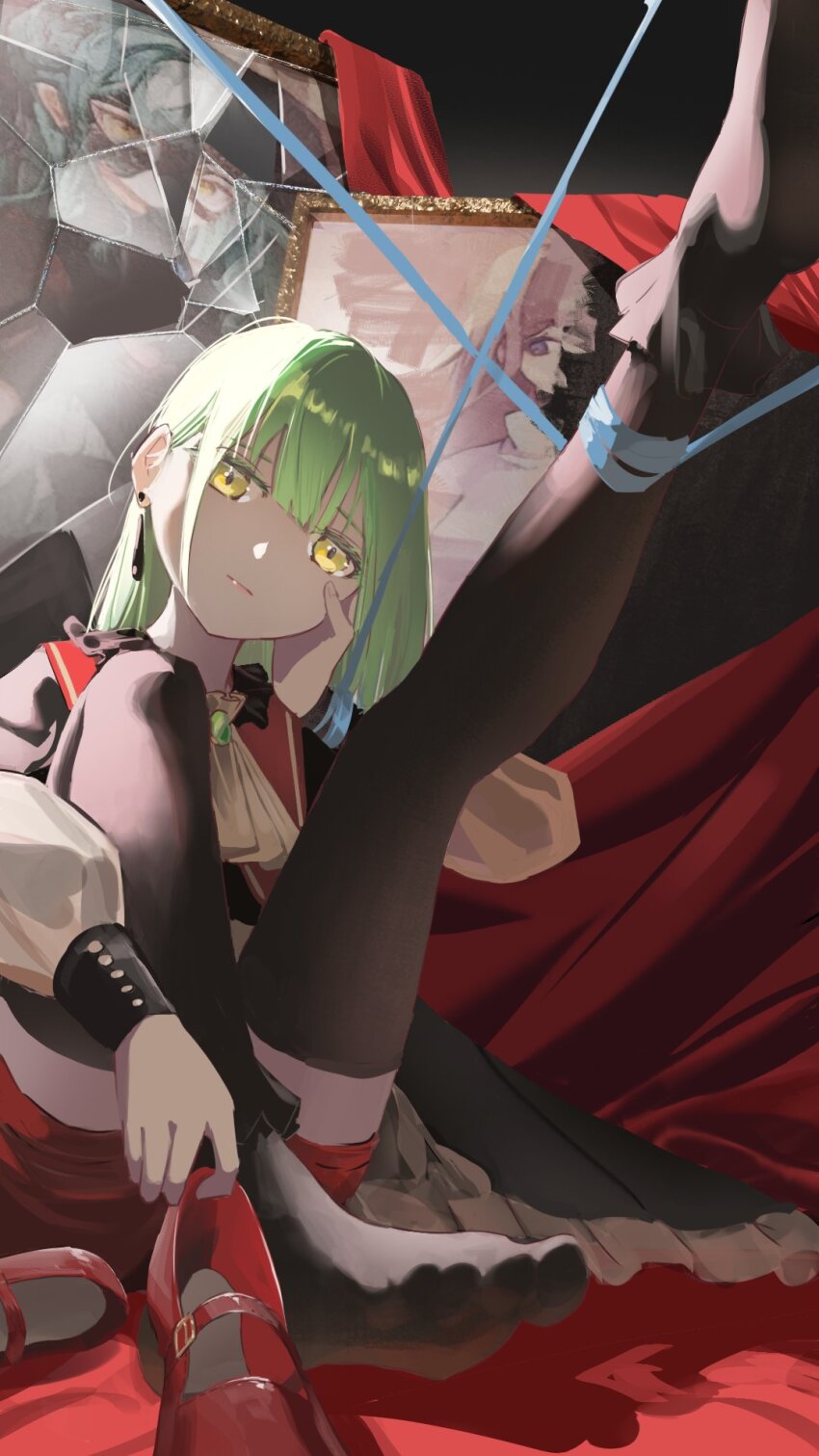 1girl, ascot, bang_dream!, bang_dream!_it's_mygo!!!!!, black_pantyhose, blue_ribbon, brooch, commentary_request, green_hair, highres, jewelry, long_hair, long_sleeves, mortis_(bang_dream!), mortis_(costume)_(bang_dream!), nagasaki_soyo, no_shoes, oblivionis_(bang_dream!), pantyhose, pantyhose_under_shorts, picture_frame, red_footwear, red_shorts, ribbon, shorts, solo, togawa_sakiko, unworn_footwear, wakaba_mutsumi, white_ascot, yellow_eyes, yitiaowei